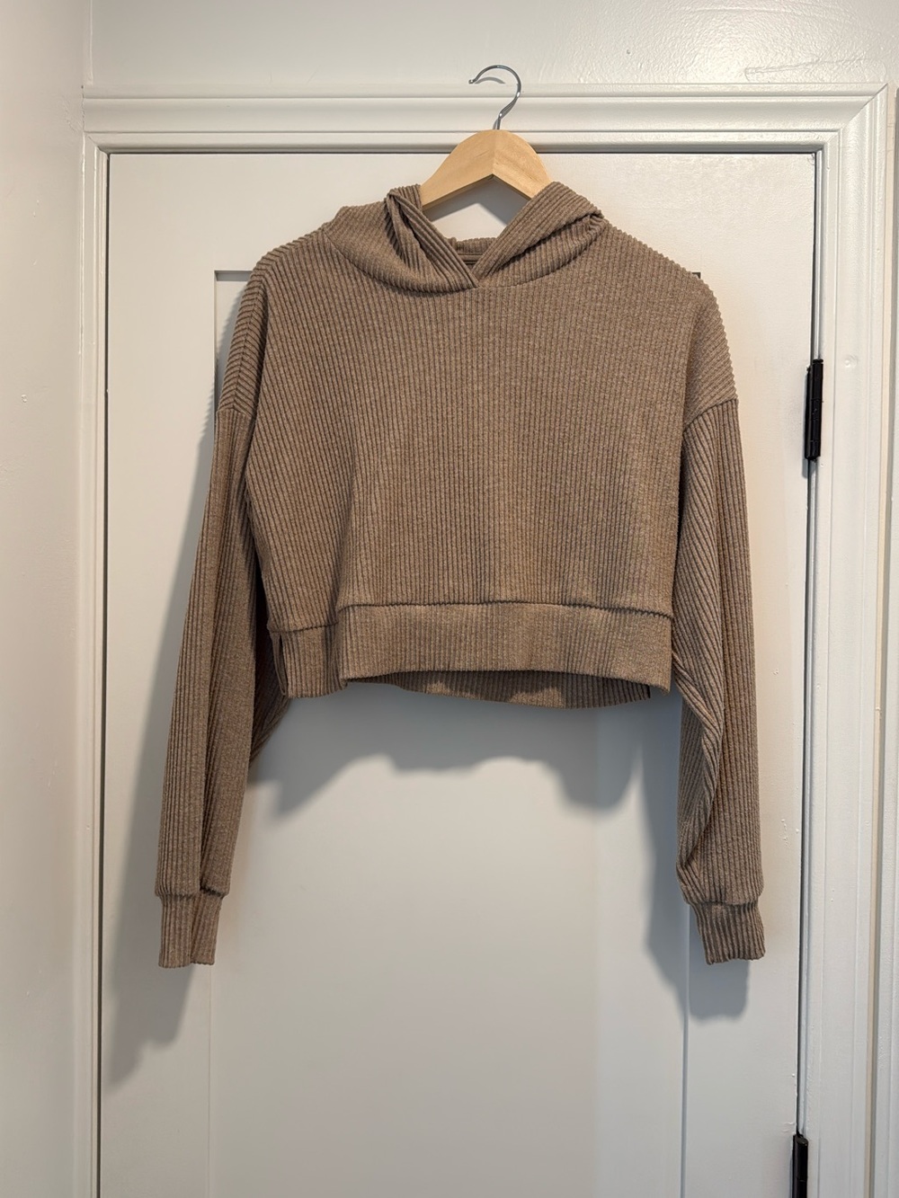 Alo Cropped Ribbed Hoodie in Taupe